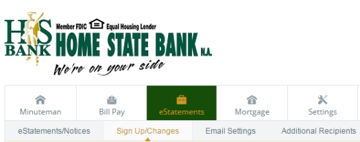 Picture of screen showing where E-Statements tab is. It is the third tab over, moving left to right, and below our corporate logo.